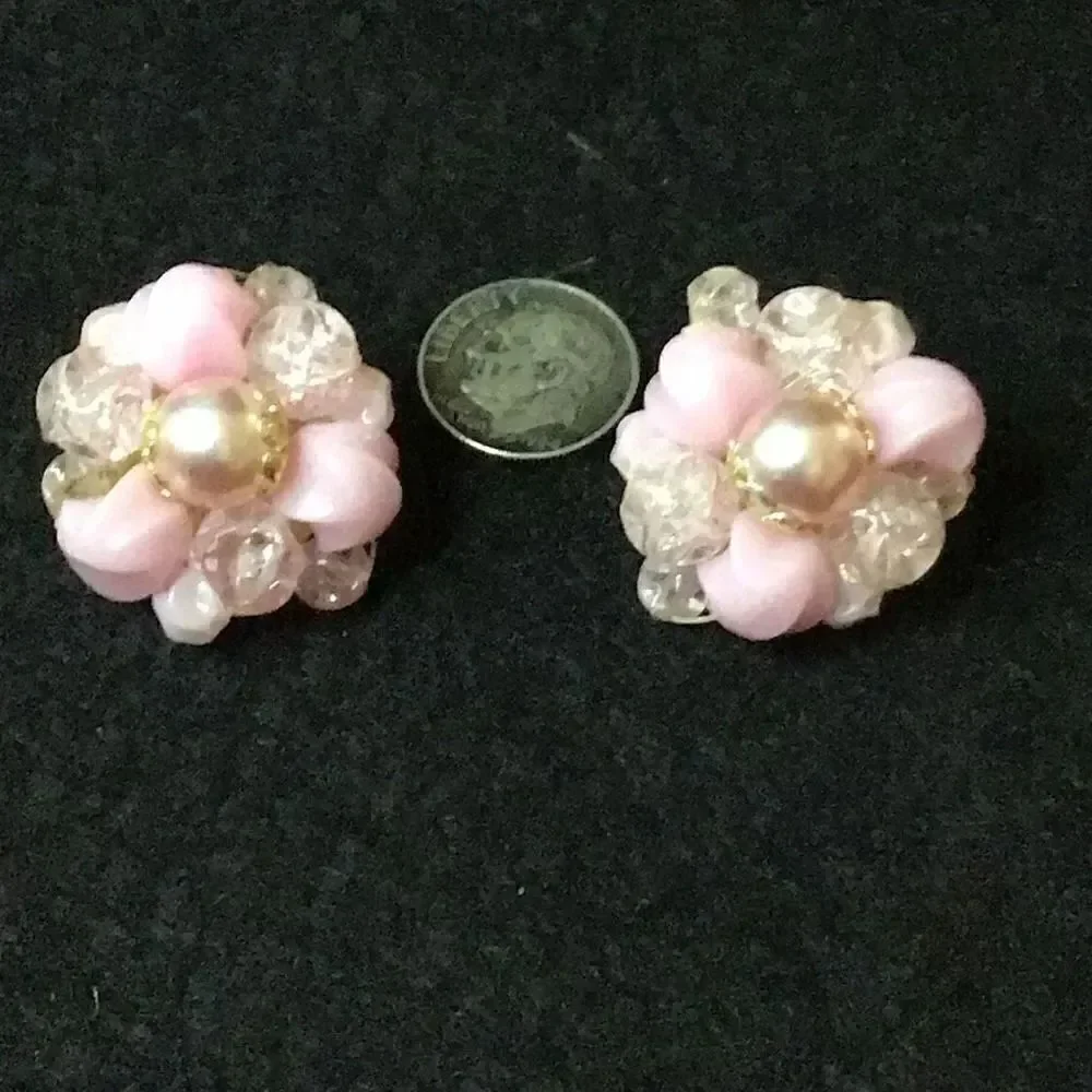Earrings, vintage post, WWII Japan made pink pearl like flower